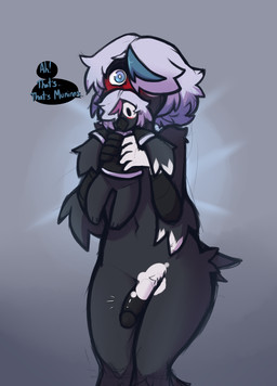 anthro bar_emanata biped black_body black_feathers blue_eyes blue_highlights blush conjoined_speech_bubble emanata eyebrows feathers fingers front_view genitals hair highlights_(coloring) humanoid_genitalia humanoid_penis looking_at_viewer male navel nude nude_anthro nude_male penis plushie scuted_hands scutes simple_background solo speech_bubble standing tail text vitiligo white_eyebrows white_hair mewgle huginn_(mewgle) muninn_(mewgle) avian bird corvid corvus_(genus) oscine passerine raven 2026 digital_drawing_(artwork) digital_media_(artwork) english_text hi_res