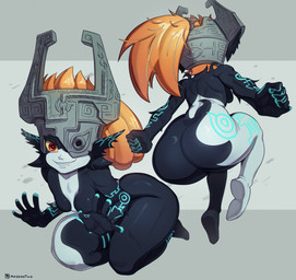 big_butt butt clothing female front_view fused_shadow grin headgear headwear humanoid_pointy_ears kneeling multiple_poses not_furry nude pointy_ears pose rear_view simple_background smile solo massivetwo nintendo the_legend_of_zelda twilight_princess midna humanoid imp twili absurd_res hi_res