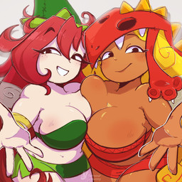 big_breasts blonde_hair breast_squish breasts breasts_frottage clothed clothing duo female female/female hair hat headgear headwear looking_at_viewer pale_skin red_hair simple_background smile smiling_at_viewer squish tan_body tan_skin white_background conditional_dnp fervourbunny rayman_(series) ubisoft betilla edith_up fairy humanoid nymph absurd_res hi_res