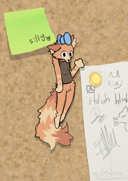 anthro arrow_pointing_to_face black_clothing black_topwear black_vest bulletin_board clothing collar cork_board directional_arrow fluffy fluffy_tail fur gesture looking_at_viewer male markings micro post-it_note push_pin red_collar ring_(marking) ringed_tail solo striped_markings striped_tail stripes tail tail_markings tan_body tan_fur text topwear vest waving wearing_collar mollietown crow_(mollietown) canid canine fox mammal english_description english_text hi_res