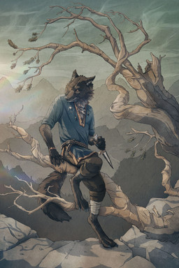 anthro bandage bandaged_leg barefoot belt black_body black_fur blue_claws bottomwear bracelet brooch claws clothing dagger feet finger_claws fur holding_dagger holding_melee_weapon holding_object holding_weapon jewelry looking_aside male melee_weapon mountain neck_tuft outside painted_claws pants paws plant rolled_up_sleeves shirt sitting_on_tree solo toe_claws topwear tree tuft tunic weapon yellow_eyes joaquin_baldwin noss_saga sterjall_(noss_saga) canid canine canis mammal wolf absurd_res digital_media_(artwork) hi_res