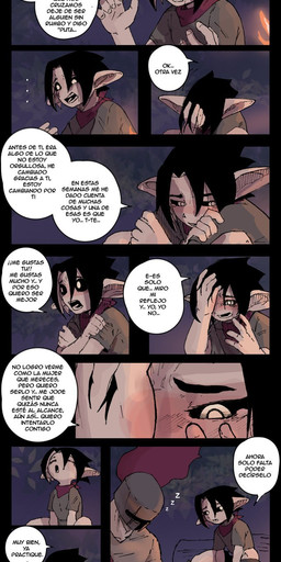 black_border black_sclera blush border clothing duo female fire humanoid_pointy_ears kerchief male muscular muscular_human open_mouth pointy_ears red_kerchief sad shirt sitting sleeping sound_effects text topwear vowelless vowelless_sound_effect yellow_eyes zzz darkus_art goblin human humanoid mammal comic hi_res spanish_text translation_request