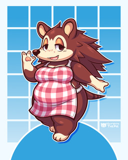 anthro apron apron_only breasts brown_body brown_eyes brown_fur clothing countershade_face countershading fangs female freckled_face freckles fur gesture gloves_(marking) leg_markings lidded_eyes markings medium_breasts overweight overweight_anthro overweight_female pattern_clothing pattern_topwear pawpads plaid plaid_clothing plaid_topwear short_stack simple_background smile smiling_at_viewer socks_(marking) solo spines tan_body tan_countershading teeth thick_thighs topwear waving waving_at_viewer wide_hips guywiththepie animal_crossing nintendo sable_able eulipotyphlan hedgehog mammal 2025 absurd_res colored digital_drawing_(artwork) digital_media_(artwork) hi_res shaded signature
