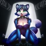 1:1 all_fours anthro biped blue_body blue_fur bodysuit breasts camel_toe canid canine cleavage clothed clothing don_ko exposure_variation female fox front_view fur gloves handwear hi_res kneeling krystal_(star_fox) looking_at_viewer mammal nintendo skinsuit smile solo star_fox tight_clothing