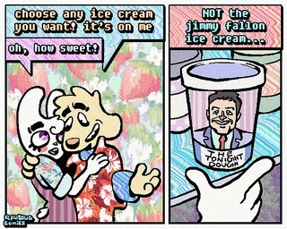 aloha_shirt anthro cheek_spots clothing dialogue duo floppy_ears fur male open_mouth open_smile overalls pattern_clothing pattern_shirt pattern_topwear shirt smile speech_bubble text topwear white_body white_fur wide_eyed yellow_body yellow_fur rawdawgcomics bingus_(rawdawgcomics) jimmy_fallon stahli_(rawdawgcomics) bird_dog canid canine canis domestic_dog golden_retriever hunting_dog lagomorph leporid mammal rabbit retriever 5:4 comic english_text