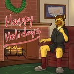 anthro armchair beverage chair clothed clothing facial_hair fireplace footwear furniture holding_beverage holding_object holidays male mustache pantsless robe shoes sitting slippers socks solo text fuze christmas fuzeyeen hyena mammal spotted_hyena 1:1 english_text hi_res