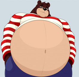 anthro bedroom_eyes belly big_belly black_nose blue_bottomwear blue_clothing blue_pants bottomwear brown_body brown_fur clothing exposed_belly eyebrows fur grey_background grin hand_in_pocket head_tuft lidded_eyes looking_at_viewer looking_down looming male moobs musclegut muscular muscular_anthro muscular_male narrowed_eyes navel overweight overweight_anthro overweight_male pants pattern_clothing pattern_shirt pattern_topwear pecs pockets raised_eyebrow red_stripes seductive shirt simple_background smile smirk solo striped_clothing striped_shirt striped_topwear stripes tan_belly topwear tuft hidi bear mammal 2022 hi_res