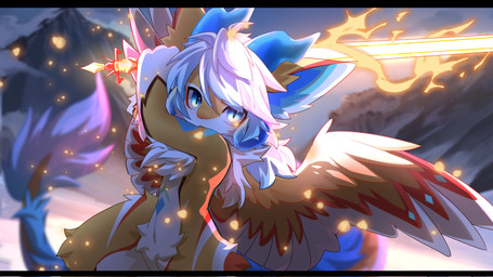 2_horns anthro big_eyes blue_horn fur hair holding_melee_weapon holding_object holding_sword holding_weapon horn kemono male melee_weapon nude_anthro nude_male slim_anthro slim_male solo sword weapon white_body white_fur white_hair yellow_body yellow_fur hlg7777 16:9 2023 hi_res widescreen