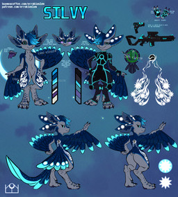 ambiguous_gender anthro bodysuit clothing feather_markings feathers flat_chested fur fur_markings glowing glowing_eyes glowing_markings gun handgun looking_at_viewer markings pistol ranged_weapon sharp_teeth skinsuit sky skyscape solo teeth text tight_clothing weapon errokioslem avali english_text full-length_portrait hi_res model_sheet portrait url female_(lore)