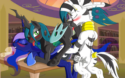 alternate_universe anus blue_body blue_feathers blush ear_piercing eyes_closed feathered_wings feathers female feral genitals group group_sex horn insect_wings interspecies looking_back male male/female oral piercing scroll sex stripes threesome trio vaginal vulva wings navanastra fallout fallout_equestria foe:_dead_tree friendship_is_magic hasbro microsoft my_little_pony mythology fan_character nyota_(centaurlord) princess_luna_(mlp) queen_chrysalis_(mlp) arthropod changeling_(mlp) equid equine horse mammal mythological_creature mythological_equine pony winged_unicorn zebra 16:10 hi_res widescreen