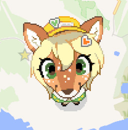 anthro bikini bikini_top blonde_hair breasts cleavage clothed clothing cloven_hooves female green_eyes hair hat headgear headwear heart_symbol high-angle_view hooves looking_at_viewer looking_up map markings solo spots spotted_markings swimwear tan_body two-piece_swimsuit waspsalad almond_(waspsalad) deer mammal 2025 digital_media_(artwork) hi_res pixel_(artwork) wplace_(artwork)