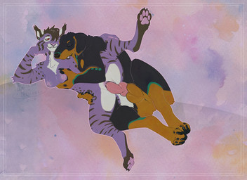 5_fingers abstract_background anthro anthro_on_anthro anthro_penetrated anthro_penetrating anthro_penetrating_anthro black_body black_nose black_pawpads border breast_grab breasts claws countershade_face countershading dark_markings duo ear_piercing eyes_closed female female_penetrated fingers from_behind_position genitals green_markings half-closed_eyes hand_on_breast hip_grab knot knotted_penis looking_at_another looking_at_partner male male/female male_penetrating male_penetrating_female markings multiple_piercings narrowed_eyes nipple_piercing nipples outline pawpads penetration penis piercing pink_nose pink_pawpads purple_body red_eyes sex smile spoon_position spots spotted_markings striped_markings stripes teeth vaginal vaginal_penetration ezilyn felilune wolfie_bobcat canid canine canis domestic_dog felid feline lynx mammal mastiff molosser rottweiler 2026 digital_drawing_(artwork) digital_media_(artwork) hi_res signature nonbinary_(lore)