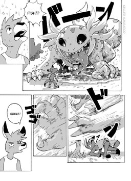 ambiguous_gender anthro biped black_sclera bodily_fluids claws comic_panel dialogue duo feral grass island long_tongue male open_mouth outside plant quadruped saliva slashing speech_bubble surprised teeth_showing text tongue tongue_out tree kellerkangaroo keller_kangaroo amphibian aquatic axolotl kangaroo macropod mammal marsupial mole_salamander salamander 2023 comic english_text hi_res monochrome