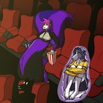 accidental_vore anthro anthro_pred belly big_belly big_breasts breasts clothed clothing duo female female/female female_pred food fully_inside grin movie_theater popcorn satisfied sitting skimpy smile vore rhainbowmetall sonia_(snoutdevout) borzoi canid canine canis domestic_dog hunting_dog mammal mephitid sighthound skunk 1:1