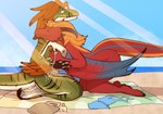 anthro beach bikini bottomwear breasts claws clothed clothing duo feathers feet female female/female green_body hair horn membrane_(anatomy) membranous_wings nipples non-mammal_breasts nude one-piece_swimsuit outside red_body sand scales seaside smile stripes swimwear tail teeth toes topwear two-piece_swimsuit water wings yellow_eyes morgdl european_mythology mythology eztli_(user_55) melody_(user_55) dinosaur dragon dromaeosaurid mythological_creature mythological_scalie prehistoric_species reptile scalie theropod velociraptor western_dragon wyvern absurd_res hi_res