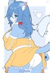 anthro blue_body blue_eyes blue_fur blush bottomwear clothed clothing clothing_lift dress female fur panties red_bow skirt skirt_lift solo underwear white_clothing white_panties white_underwear yellow_clothing yellow_dress magu_mm_0824 domestic_cat felid feline felis mammal hi_res