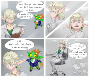 4_panel_comic blonde_hair blue_eyes blush chair clothing duo ear_piercing ear_ring eyewear female footwear furniture glasses green_body green_skin hair hair_bun high_heels humanoid_pointy_ears humor jewelry necklace not_furry office piercing pointy_ears ring_piercing shoes swivel_chair text thought_bubble mario-grant elf_supervisor_(mario-grant) ms._nasbh'ke_(mario-grant) elf goblin humanoid 2026 comic english_text hi_res