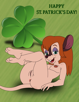 anthro anus areola breasts butt eyelashes eyeshadow feet female freckled_butt freckled_face freckled_shoulders freckles genitals hair holiday_message holidays long_eyelashes makeup nipples nude purple_eyeshadow smile soles solo tail text toes vulva dallastmouseboy an_american_tail don_bluth st._patrick's_day bridget_(an_american_tail) mammal mouse murid murine rodent english_text hi_res