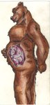 anthro belly big_belly brown_body brown_fur butt claws duo fur hand_on_belly inside_stomach internal larger_pred looking_at_belly male male/male nude nude_pred nude_prey pink_body side_view simple_background size_difference smile standing tail vore wet wet_body white_background bigbadbear big_bad_bear bear domestic_pig mammal suid suine sus_(pig) hi_res