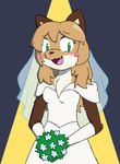 anthro blush bouquet brown_body brown_fur clothing dipstick_tail dress female female_anthro fur gloves_(marking) green_eyes hair leg_markings looking_at_viewer markings simple_background socks_(marking) solo spotlight spotlight_beam tail tail_markings wedding wedding_dress white_body white_fur conditional_dnp unknown_artist averi_(fiddleafox) canid canine fox mammal grandfathered_content hi_res