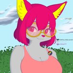 aircraft airplane anthro banner cloud eyewear female fur glasses gold_glasses grey_body grey_fur hair heart_symbol looking_at_viewer pink_eyes pink_hair pink_nose pink_tinted_glasses pride_banner pride_color_accessory pride_pin pronouns sky sleeveless_shirt smile solo sunglasses tinted_glasses vehicle yellow_ear_fluff thekitsuyt gure_(thekitsuyt) canid canine fox mammal 1:1 cel_shading hi_res shaded signature