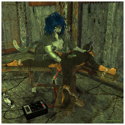 arms_tied bdsm big_breasts bondage border bound breasts chain duo female fisting legs_tied male nipple_piercing nipples penetration piercing smoking spread_eagle tongue tongue_out tongue_piercing urethral white_border the_anthropomorphologist charleyfox_(modeler) charleyfox_cat charleyfox_dog canid canine felid mammal 1:1 3d_(artwork) digital_media_(artwork) hi_res