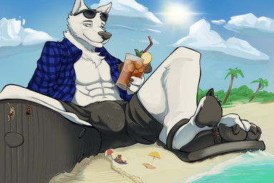 anthro beach bound bulge claws clothing extreme_size_difference feet flip_flops foot_fetish foot_focus foot_play footwear group inside_clothing inside_shoe insole macro male male/male pawpads paws sandals shoes size_difference toe_claws trapped_in_clothing trapped_in_shoe trapped_in_underwear snared_(artist) canid canine mammal 2025 hi_res