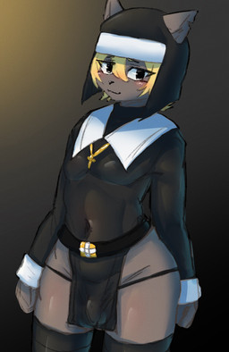 anthro belt biped black_clothing black_eyes black_headwear black_legwear black_nose black_shirt black_topwear blonde_hair blush blush_stickers bottomwear brown_background brown_body brown_ears brown_fur bulge clothed clothing cross cross_necklace crossdressing detailed_bulge eyelashes femboy front_view fur genital_outline glistening glistening_body glistening_clothing glistening_fur habit hair headgear headwear jewelry kemono legwear loincloth looking_at_viewer male monotone_body monotone_fur monotone_hair navel navel_outline necklace notched_ear nun penis_outline shirt short_hair simple_background smile solo standing thigh_highs thong_straps tight_clothing tight_topwear topwear wide_hips kemosara domestic_cat felid feline felis mammal digital_media_(artwork) hi_res portrait three-quarter_portrait