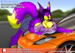 anthro big_breasts breasts car car_wash clothing female huge_breasts motor_vehicle nipples overweight purple_nipples slightly_chubby soap solo text thick_thighs vehicle wet wet_clothing palmarianfire noor_(palmarianfire) canid canine fox mammal english_text hi_res