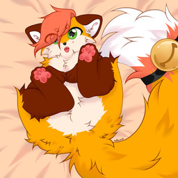 accessory ambiguous_gender black_nose brown_markings feral feral_with_hair fur furgonomics green_eyes hair high-angle_view looking_at_viewer lying markings multicolored_body multicolored_fur on_back open_mouth orange_hair orange_markings pawpads pink_pawpads short_hair solo tail tail_accessory tailband tan_body tan_fur toony_eyes yellow_body yellow_fur nollya canid canine fox mammal 1:1 colored digital_drawing_(artwork) digital_media_(artwork) hi_res shaded