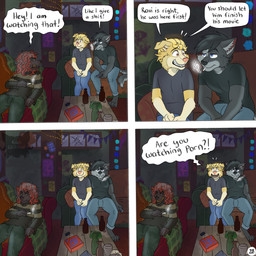 4_panel_comic angry anthro barefoot beer_bottle black_body black_hair black_sclera blonde_hair blue_eyes bottle bottomwear brown_eyes cigarette clothing complaining container controller dialogue dirty dirty_clothing drugs feet fur furniture grey_body grey_fur group hair holding_blunt holding_controller holding_object holding_remote_control humanoid_hands lying lying_on_sofa male marijuana marijuana_blunt on_sofa page_number pants profanity red_hair remote_control shirt shocked side_by_side sitting sitting_on_sofa smile smirk smoking smoking_cigarette sofa sweater tail text topwear trio yellow_body yellow_eyes yellow_fur kriek_wildebeest jeremy_(kriek_wildebeest) ravi_(kriek_wildebeest) tom_(kriek_wildebeest) border_collie canid canine canis collie domestic_dog herding_dog husky hybrid mammal nordic_sled_dog pastoral_dog portuguese_water_dog sheepdog spitz wolf 1:1 comic english_text hi_res multiple_scenes