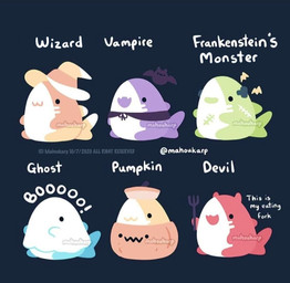 ambiguous_gender bedding blanket cape chibi clothing dialogue dot_eyes food fruit green_eyes group hat headgear headwear multicolored_body orange_body pitchfork plant pumpkin purple_body red_body scar simple_background simple_eyes text tools two_tone_body white_body witch_hat yellow_body mahoukarp aquatic bat fish mammal shark 2020 digital_media_(artwork) english_text watermark