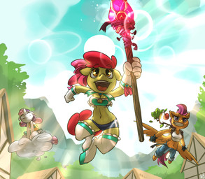 adventure anthro anthrofied clothed clothing cloud feathered_wings feathers female group lens_flare magic_user melee_weapon midriff outside polearm skimpy sky staff sun weapon wings atryl friendship_is_magic hasbro my_little_pony apple_bloom_(mlp) cutie_mark_crusaders_(mlp) scootaloo_(mlp) sweetie_belle_(mlp) earth_pony equid equine horse mammal pony digital_media_(artwork)