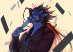 anthro black_hair card clothing gambler grin hair horn long_hair male necktie pink_eyes smile solo suit uya_kyo lifewonders mythology tokyo_afterschool_summoners fuxi_(tas) dragon mythological_creature mythological_scalie scalie