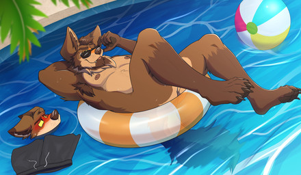 anthro armpit_hair ball beach_ball blep blush body_hair clothing discarded_clothing duo eyewear inflatable male male/male nude palm_tree plant pool_float sunglasses swimming_pool swimming_trunks swimwear tongue tongue_out tree unpopularwolf cain_(unpopularwolf) scotty_(unpopularwolf) canid canine canis mammal red_wolf wolf absurd_res hi_res father_(lore) father_and_child_(lore) father_and_son_(lore) incest_(lore) parent_(lore) parent_and_child_(lore) parent_and_son_(lore) son_(lore)