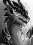 abstract_background ambiguous_gender fangs feral fur horn inner_ear_fluff markings open_mouth sharp_teeth simple_background smile solo spikes teeth tuft white_eyes conditional_dnp ratte legacy_(ratte) ushuaia cyavian 2016 digital_media_(artwork) monochrome