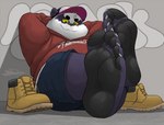 5_toes anthro boots clothed clothing countershade_feet countershading feet feet_together foot_fetish foot_focus footwear grin hat headgear headwear humanoid_feet looking_at_viewer male on_ground overweight overweight_male paws plantigrade shoes smile soles solo toes dj-rodney lifewonders tokyo_afterschool_summoners alp_(tas) bear giant_panda mammal