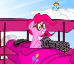 aircraft airplane blue_body blue_fur cloud eyewear female feral flying fur gatling_gun goggles group gun hair machine_gun male minigun multicolored_hair pink_body pink_fur propeller rainbow_hair ranged_weapon triplane vehicle weapon petirep friendship_is_magic hasbro my_little_pony gummy_(mlp) pinkie_pie_(mlp) rainbow_dash_(mlp) alligator alligatorid crocodilian earth_pony equid equine horse mammal pony reptile scalie