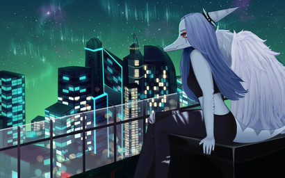 amber_eyes anthro aurora_(phenomenon) black_bottomwear black_clothing black_crop_top black_pants black_shirt black_topwear blue_body bottomwear breasts city cityscape clothing crop_top feathered_wings feathers female fingers grey_body grey_feathers grey_hair hair humanoid_hands long_hair looking_forward markings neutral_expression night non-mammal_breasts outside pants rooftop shirt side_view sitting sky small_breasts solo star starry_sky striped_markings stripes tail topwear torn_bottomwear torn_clothing torn_pants wings akky19 goodbye_volcano_high ko_op_(game_developer) fang_(gvh) prehistoric_species pterosaur reptile scalie absurd_res colored hi_res shaded nonbinary_(lore)