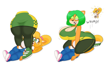 accessory anthro big_breasts big_butt blonde_hair blue_eyes breast_jiggle breasts butt butt_jiggle clenched_teeth clothing curvy_figure death_by_facesitting duo eyeshadow facesitting female fur gameplay_mechanics green_eyes green_eyeshadow hair hair_accessory hair_tie huge_breasts huge_butt huge_thighs jiggling larger_female leggings legwear lips lipstick looking_down lying makeup motion_lines multicolored_body multicolored_fur on_back one_eye_closed onomatopoeia orange_body orange_fur red_lipstick side_boob sitting_on_another size_difference smaller_female smile sound_effects tan_body tan_fur teeth text thick_lips thick_thighs voluptuous voluptuous_anthro voluptuous_female wide_hipped_anthro wide_hipped_female wide_hips wince 3barts activision crash_bandicoot_(series) crash_team_racing_(series) ami_bandicoot coco_bandicoot bandicoot mammal marsupial 2025 digital_drawing_(artwork) digital_media_(artwork) hi_res