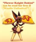 anthro big_ears clothed clothing dress female flower food fur hair inner_ear_fluff kemono legwear long_ears looking_at_viewer omelette plant simple_background solo standing stockings text tuft sho_shibamoto flower_knight_dakini dakini_(flower_knight_dakini) eiden_(flower_knight_dakini) canid canine fox mammal english_text