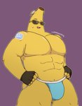 abs banana blue_clothing blue_underwear bodily_fluids brown_clothing brown_gloves brown_handwear bulge clothed clothing eyewear fingerless_gloves food fruit gloves handwear male navel nipples not_furry open_mouth pecs plant purple_background simple_background solo standing sunglasses sweat topless underwear yellow_body yellow_nipples yellow_skin lustjou epic_games fortnite peely banana_humanoid elemental_creature elemental_humanoid flora_fauna food_creature food_humanoid fruit_humanoid humanoid living_banana living_fruit plant_humanoid 2023 hi_res