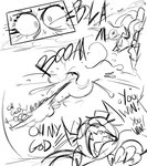 anthro back_spikes belly biped breasts claws explosion eyelashes fangs female horn nude open_mouth slightly_chubby solo spiked_tail spikes spikes_(anatomy) tail teeth text sluggabed mythology red_(sluggabed) dragon mythological_creature mythological_scalie scalie wingless_dragon comic english_text hi_res monochrome sketch sketch_page