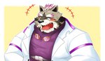 anthro brown_body brown_fur clothing coat eyebrows eyewear fur goggles lab_coat male open_mouth overweight overweight_male simple_background solo striped_body striped_fur stripes thick_eyebrows topwear yawn yellow_background jinastray lifewonders live_a_hero viscunam mammal procyonid raccoon 2023 absurd_res hi_res