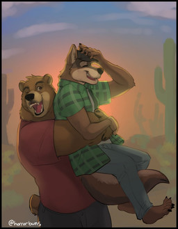 anthro barefoot baseball_cap bottomwear cactus clothing denim denim_bottomwear denim_clothing desert duo eyes_closed feet hat head_tuft headgear headwear hug hugging_another hugging_from_behind jeans laugh male male/male one_eye_closed open_mouth pants pattern_clothing pattern_shirt pattern_topwear plaid plaid_clothing plaid_shirt plaid_topwear plant romantic romantic_couple shirt smile sunset topwear tuft wink horrorbuns arches_(game) echo_(game) echo_(series) echo_project cameron_wilson devon_ortega bear canid canine canis coyote mammal hi_res signature