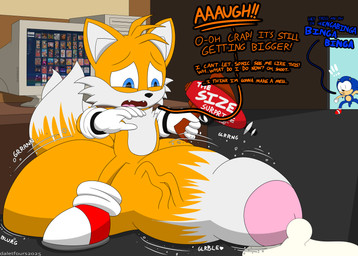 anthro balls big_balls big_penis blue_body blue_eyes blue_fur bodily_fluids clothing computer computer_monitor crt_monitor cum dialogue dipstick_tail duo electronics embarrassed expansion fangs footwear fur genital_expansion genital_fluids genitals gloves growth handwear huge_balls huge_penis hyper hyper_balls hyper_genitalia hyper_penis imminent_orgasm inside leaking_cum male markings mostly_nude multi_tail onomatopoeia orange_body orange_fur penis penis_expansion shoes sound_effects surprised tail tail_markings teeth text workbench worried daletfours e621 sega sonic_the_hedgehog_(series) miles_prower sonic_the_hedgehog canid canine eulipotyphlan fox hedgehog mammal absurd_res digital_media_(artwork) english_text hi_res