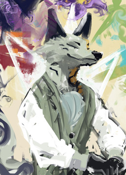 abstract_background ambiguous_gender anthro calico_pattern ears_up eyebrows eyes_closed fur fur_markings male markings multi_eye orange_body orange_fur reflection simple_background solo white_body key_rooki reggie_(key_rooki) canid canine mammal absurd_res hi_res portrait