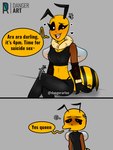 antennae_(anatomy) anthro ara_ara black_sclera blush breasts clothing dialogue female imminent_death imminent_death_by_snu_snu imminent_sex male open_mouth panties smile speech_bubble stripes text tuft underwear white_eyes wings yellow_body yellow_skin dangerartec dick_flattening arthropod bee hymenopteran insect 3:4 alternate_version_at_source comic english_text hi_res