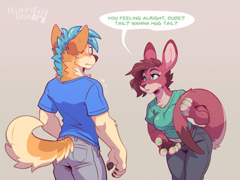 anthro bottomwear clothed clothing dialogue duo eyewear female fur glasses male male/female pants pawpads shirt tail text topwear fluffydisk42 boobs?_wanna_touch_boobs? fdisk peri_(fluffydisk42) canid canine canis domestic_dog hybrid macropod mammal marsupial shiba_inu spitz wallaby wolfdog 4:3 english_text hi_res meme