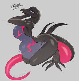 abdominal_bulge anthro black_body breasts countershade_torso countershading female female_anthro female_pred grey_background looking_pleasured motion_lines purple_eyes simple_background solo tail vore voremaxx nintendo pokemon generation_7_pokemon pokemon_(species) salazzle scalie 2026 hi_res